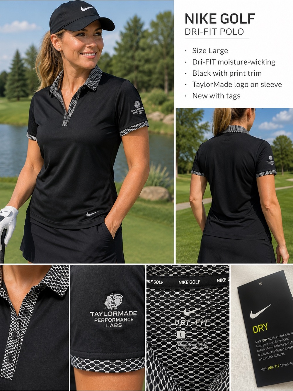 NWT Nike Golf Dri-FIT Women’s Polo Shirt Black Print Trim Size Large